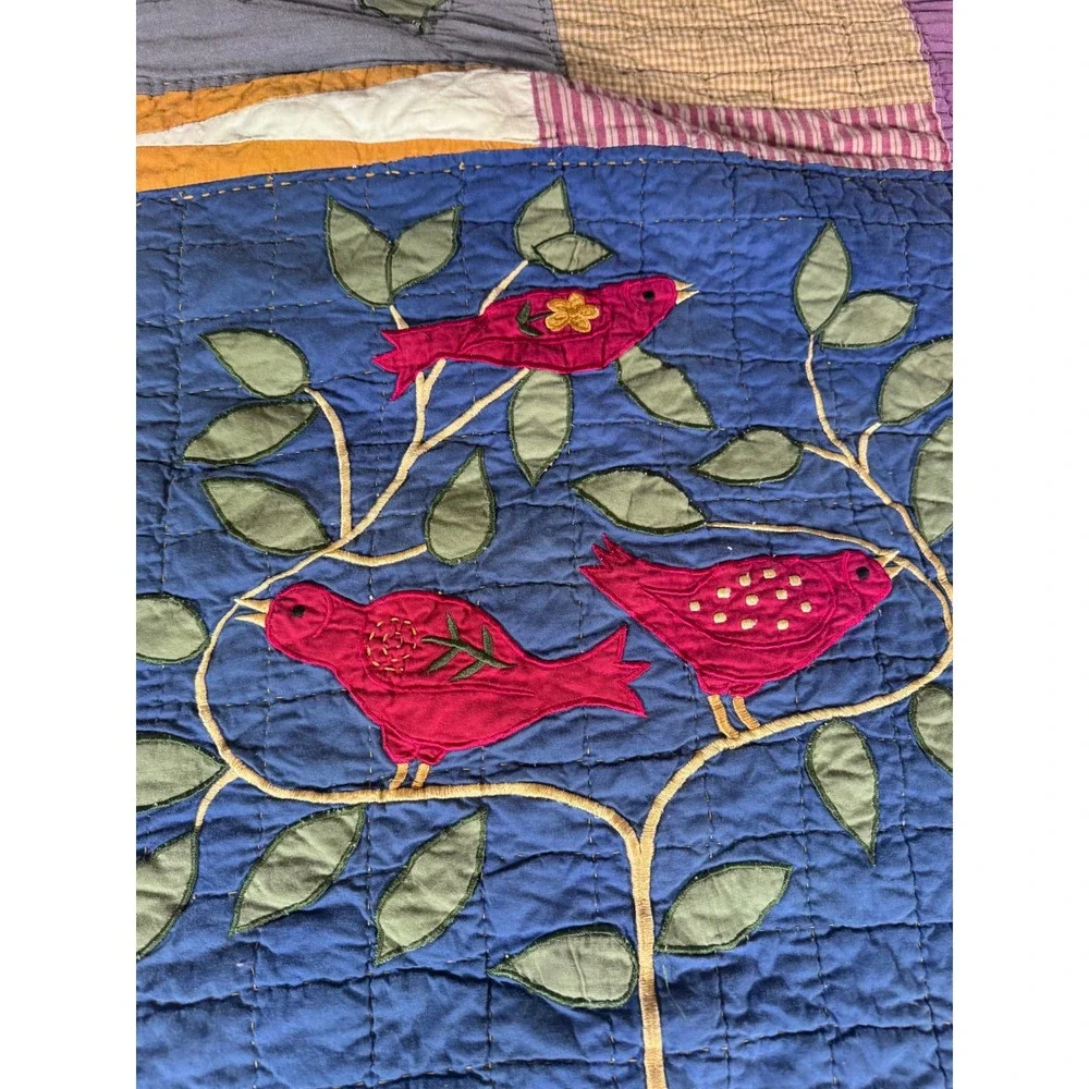 VTG Folk‎ Art Quilt Queen Hand Appliqué Woodland Christmas Patchwork Farmhouse